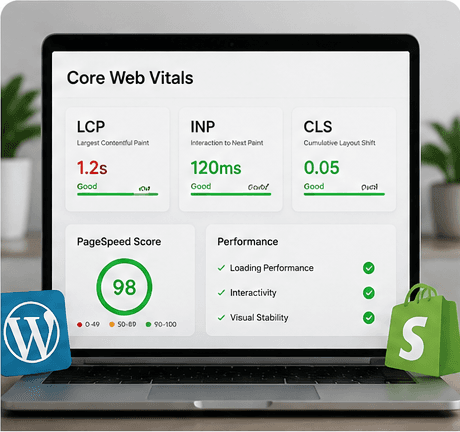 Illustration for a Core Web Vitals checklist on WordPress and Shopify