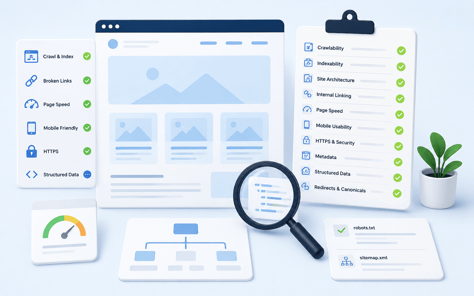 Illustration for technical SEO checks before a website redesign