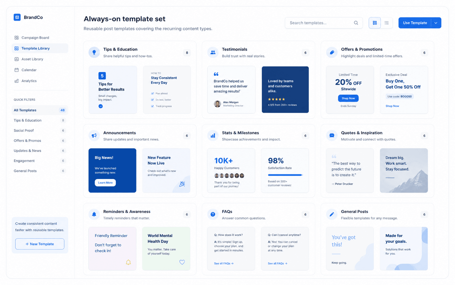Desktop preview of an always-on template campaign board