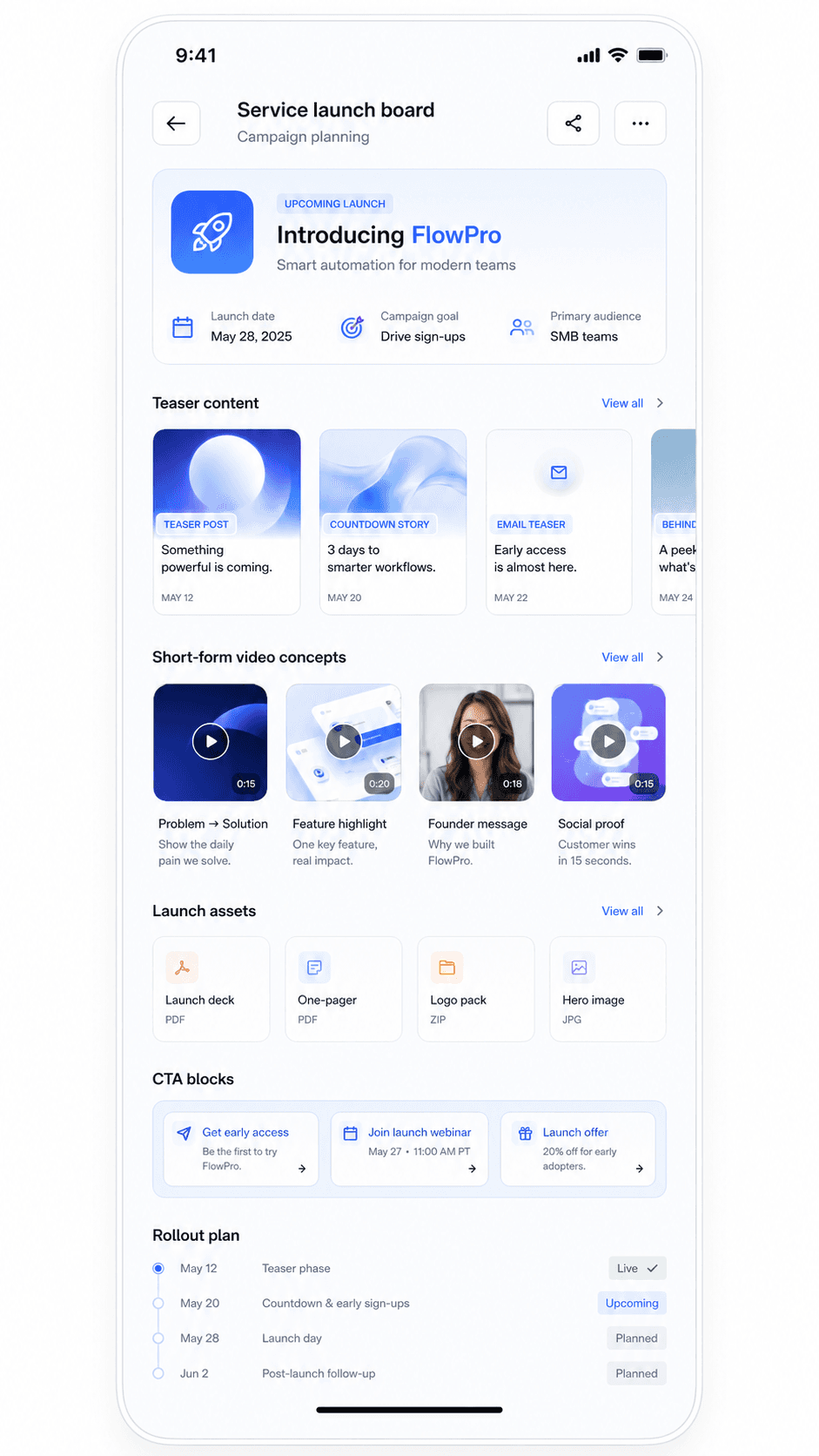 Mobile preview of a service launch campaign board