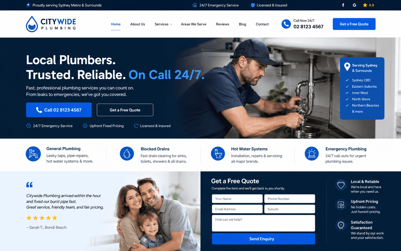 Desktop preview of a local service business website